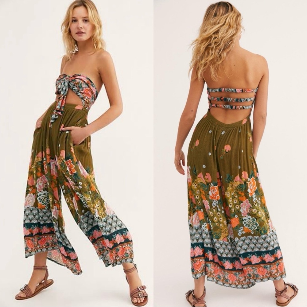 Free People Bali Birds of Paradise Green Floral Jumpsuit